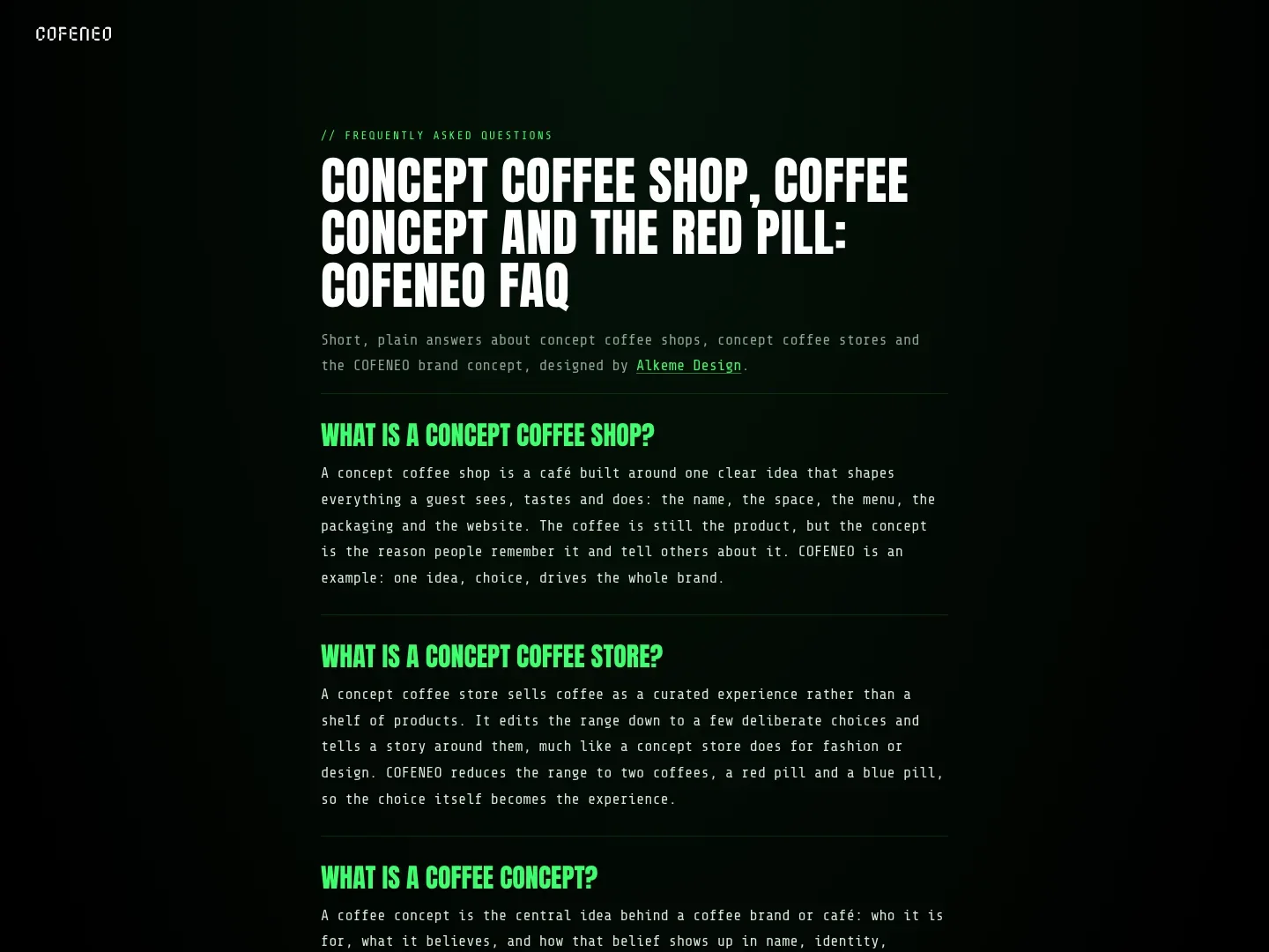 COFENEO FAQ & journal for search and AI · Alkeme Design